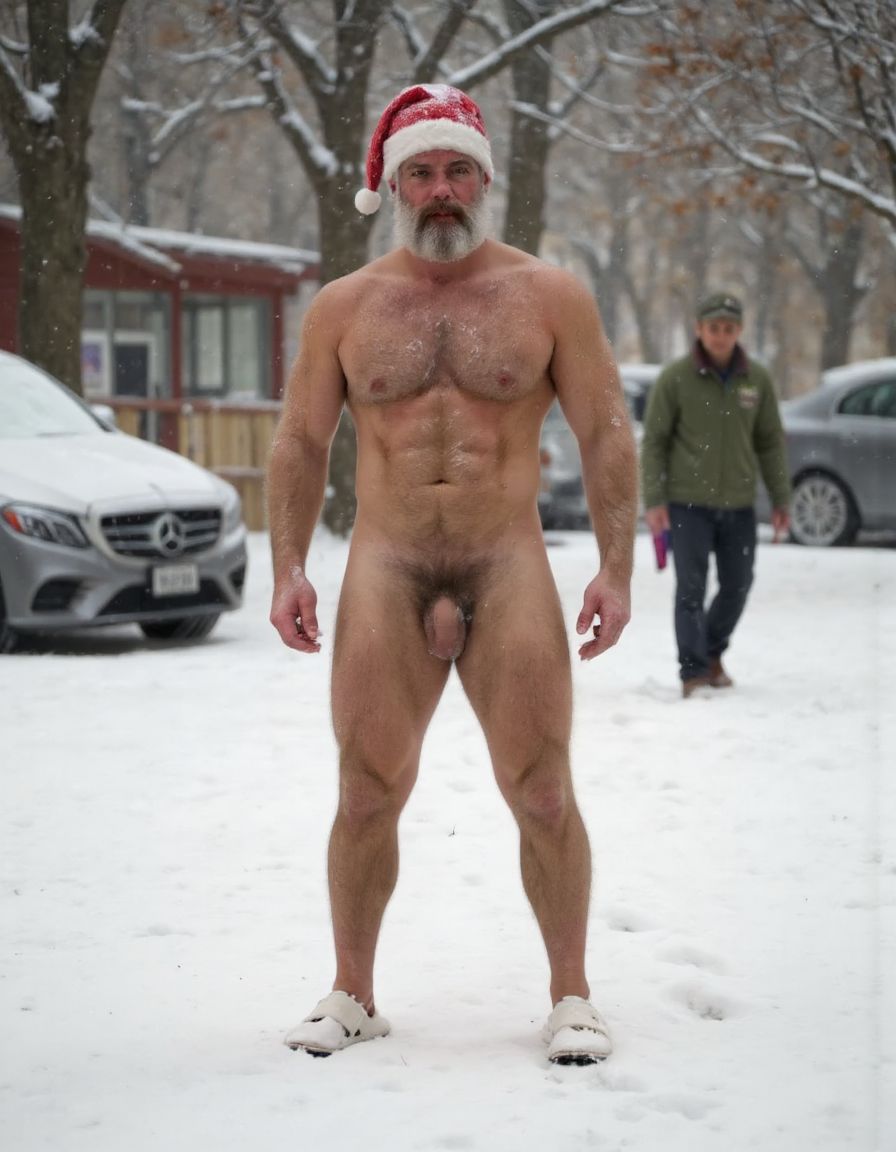 La Navidad. Papá Noel es un hombre de 35 años, atleta, delgado con músculos muy marcados y definidos, está delgado y es muy varonil, tiene barba blanca abundante. Solo tiene el gorro de papá Noel, está totalmente desnudo enseñando su musculatura de atleta y está bronceado, está entre nieve pero no frío, tiene abundante vello blanco que cubre sus músculos pectorales el abdomen y cubre sus piernas. Tiene sandalias blancas en sus pies. Barba abundante blanca de papá Noel. Es el Papá Noel del año 2025, con mucha alegría y mucho sexo gay. Aspecto muy masculino, salvaje. Tiene un pene erecto de 20cm de longitud y 8cm de diámetro. 