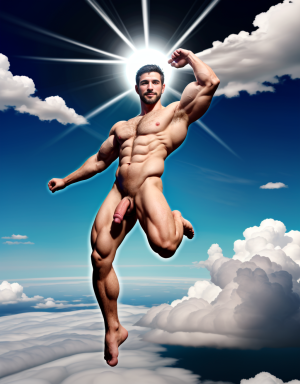 Hombre de 36 años de edad, totalmente desnudo, enseñando sus músculos bíceps de los brazos. Está rodeado de nubes blancas en un cielo azul. Tiene pene grande y tiene testículos peludos prominentes. Tiene aro luminoso en su cabeza, irradiando bondad. Está sobre nubes blancas exponiendo su cuerpo musculoso. Está volando entre nubes. Es muy esbelto y muy elegante. Es muy atractivo. Está volando entre nubes, y flotando en el cielo. Está totalmente desnudo exhibiendo sus genitales hermosos y bonitos. Tiene pies con uñas pintadas de blanco
