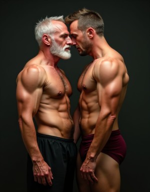 Padre e hijo  posando frente a frente, descamisados para una foto. 

El padre tiene 65 años con vello, barba y cabello canos el hijo tiene 40,  con cabello moreno. Se miran frente a frente después de una discusión y en ellos se ve cierto amor paterno filial. El parecido entre ambos es manifiesto. 