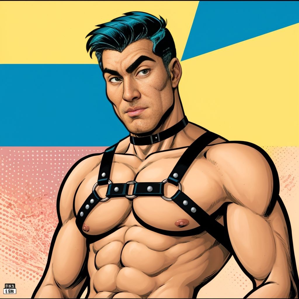 Hombre desnudo con arnés. Estilo cubista, comic y pop art