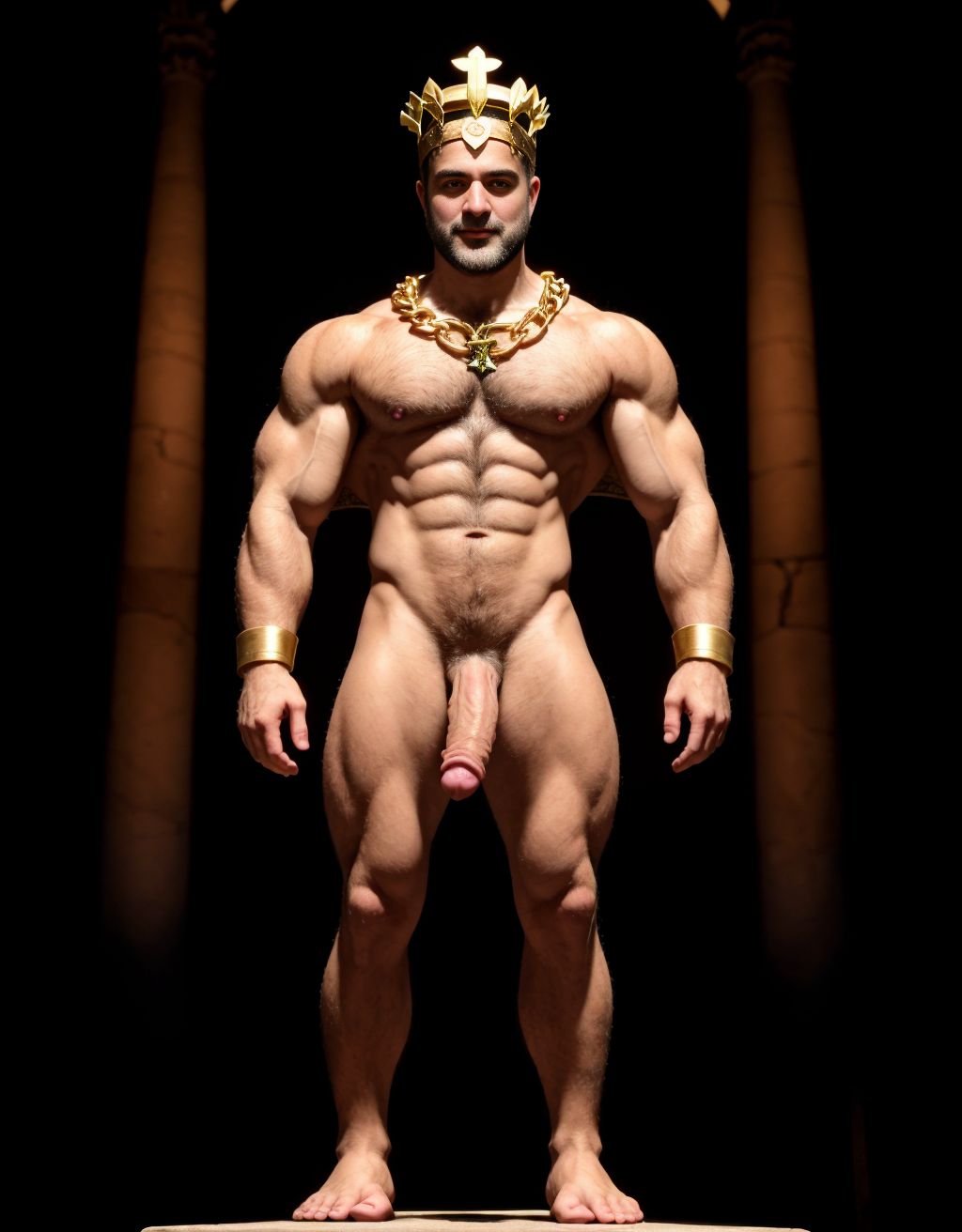 El dios Priapo de Pompeya está desnudo de pie. Es delgado y muy alto. Está en el museo de Nápoles. Tiene un pene grande y erecto. Tiene mucho vello por todo el cuerpo. Tiene sandalias en los pies. Tiene músculos muy definidos. Tiene una corona de laurel. Levanta una mano para saludar al público. El cuerpo está iluminado con focos de luz blanca. Tiene los ojos verdes. Tiene una cadena brillante en los pies. Tiene mucho vello en el pecho. Tiene una capa de oro sobre su espalda. Tiene boca abierta. Tiene sandalias en los pies.