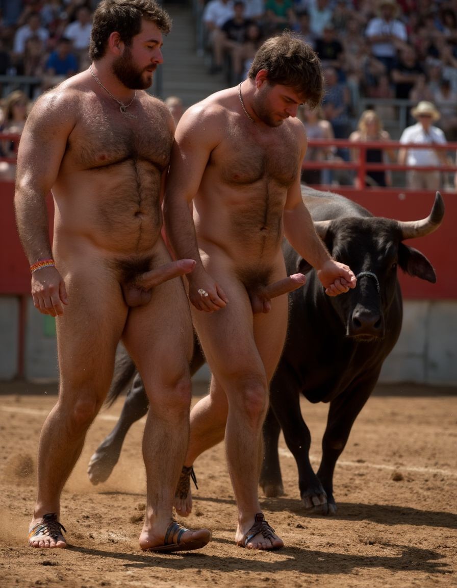 Un torero español musculoso y velludo de 50 años, con torso atlético y marcado, se muestra completamente desnudo, destacando su pene de 30 cm de longitud y 5 cm de grosor, perfectamente formado y rodeado de un denso vello púbico castaño oscuro. Sus testículos, perfectamente formados, cuelgan de forma prominente. La piel bronceada y sudorosa resalta su musculatura definida, con pectorales y abdominales bien marcados y sin grasa. El cabello largo y castaño oscuro está despeinado y sudoroso, con gotas de sudor resbalando por su frente y mejillas. Una barba incipiente y un vello corporal denso que se extiende por su pecho, piernas y brazos completan su apariencia viril. Lleva sandalias marrones en sus pies.

A su lado, un hombre musculoso y velludo de 30 años, completamente desnudo, muestra un pene erecto de 30 cm de longitud y 4 cm de grosor, hermoso y perfecto, rodeado de un denso vello púbico pelirrojo. Su piel bronceada y sudorosa muestra una musculatura definida, con pectorales y abdominales muy marcados. Tiene cabello pelirrojo despeinado y sudoroso. Tiene una barba pelirroja densa pero bien recortada. El vello corporal pelirrojo denso cubre su pecho, y tiene mucho vello pelirrojo en sus piernas y brazos, lo que realza su apariencia masculina y atlética. Están andando en la plaza de toros con un toro

Ambos hombres se encuentran en una plaza de toros, con sombras que resaltan su musculatura y vello corporal, creando un ambiente sensual y cargado de tensión. Están en pleno acto de pasión, con sus penes erectos y testículos prominentes ,destacando su musculatura, vello corporal y atributos viriles en una imagen impactante y llena de energía. La escena está llena de sensualidad y poder, con los dos hombres como protagonistas, en un ambiente cargado de pasión y erotismo. La imagen es híper realista, con detalles de alta calidad, y muestra la unión de los dos hombres en un acto de pasión y dominio, con sus cuerpos musculosos y velludos completamente desnudos y visibles, mostrando su excitación y pasión en cada detalle. Tienen sus penes erectos, desde la uretra del glande del pene eyaculan semen blanco lanzado en abundancia.