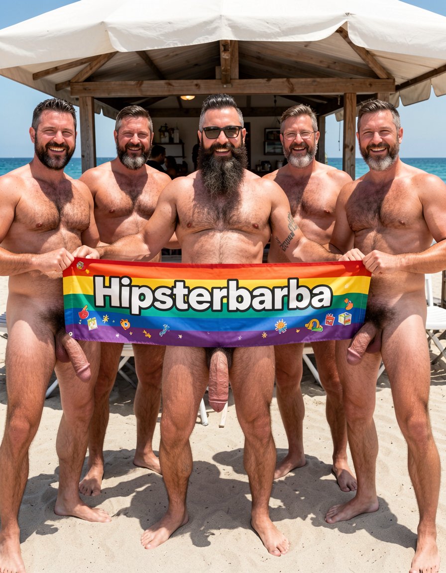 Photorealistic cinematic scene right in front of the chiringuito El Pirata on El Playazo nudist beach, Vera Playa, Almería. Bright midday Mediterranean sun, the rustic wooden facade of the chiringuito with its cane roof, white awnings, tables, chairs and the turquoise sea clearly visible right behind the group. Hipsterbarba, 40 year old Spanish muscle bear, 180cm 80kg 8% body fat, completely dry shredded six-pack with deep cuts and visible linea alba, dense dark chest hair, treasure trail to thick black pubes, zero belly. Rounded developed pecs with small dark hard nipples, broad shoulders, highly vascular muscular arms with small black tattoo 