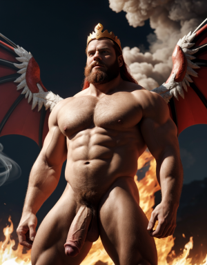 Cneo Pompeyo Magno desnudo con pene grande y testículos grandes peludos. Dobla el brazo derecho para enseñar los bíceps del brazo derecho con gran orgullo. Tiene mucho vello por todo el cuerpo. Está bronceado. Tiene corona de oro. Tiene alas de diablo negras y rojas oscuro. Los brazos están hacia arriba implorando rayos y fuego. Tiene un chorro de fuego en el pene erecto que sale a chorros rojos hacia arriba de su pene erecto tieso hacia arriba. Sus ojos son grandes y rojos. Está enseñando sus grandes testículos. Tiene testículos grandes y oscuros. Está alumbrado con mucha luz blanca y roja por todo el cuerpo. Es muy atractivo. Está rodeado de llamas y humo. Tienen cara fuerte de maldad y con barba muy grande y ojos diabólicos