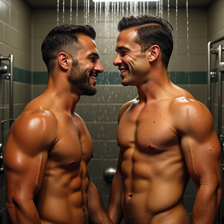 Hombres muy atractivos y musculosos en la ducha del gimnasio, agua cayendo sobre sus cuerpos tonificados, gotas de agua resbalando sobre su piel bronceada, músculos definidos, torsos desnudos, cabello mojado y peinado hacia atrás, sonrisas confiadas y expresiones sensuales, luz cálida y vaporosa del gimnasio, ambiente relajado y sensual, foco en la desnudez y la sensualidad, detalles realistas de la piel y el agua, iluminación suave y cálida, hombres disfrutando del momento, cuerpos atléticos y atractivos, escena íntima y provocativa.