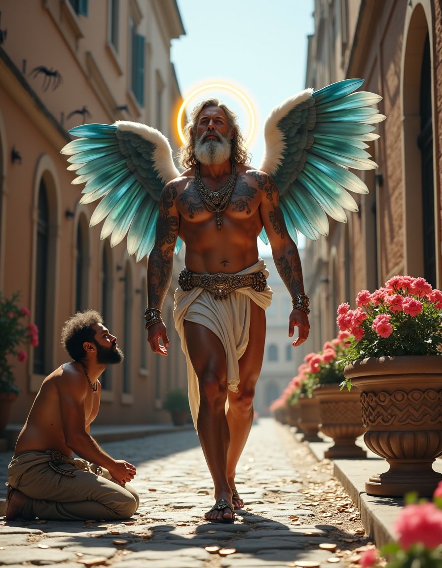 En el año 49 a.C., Zeus se presenta desnudo, con su cuerpo completamente tatuado, excepto su gran pene, que resalta con prominencia. Su figura imponente camina por las calles de la ciudad de Roma, mostrando su complexión atlética y bronceada. El dios griego tiene un gran orgullo en su apariencia física, doblando el brazo derecho para exhibir el músculo bíceps, que se destaca con gran definición.

Frente a él, Cneo Pompeyo Magno lo observa con una mezcla de asombro y admiración. Zeus tiene testículos muy grandes y peludos, que complementan su impresionante figura. Sus sandalias están decoradas con intrincados diseños, lo que añade un toque de elegancia a su apariencia general.

El entorno está lleno de detalles que evocan la época y el lugar. Por las paredes, pequeñas arañas y telarañas (🕸️) se han tejido, dando un toque de misterio y antigüedad. El suelo de la calle está cubierto de monedas esparcidas, lo que sugiere una escena de abundancia y prosperidad.

En un rincón de la calle, una maceta grande con geranios florecidos añade un toque de color y vida al escenario. Sin embargo, lo que llama la atención es que Zeus tiene alas blancas azuladas, que parecen brillar con una luz divina. Un aro iluminado rodea su cabeza, resaltando su condición de dios.

En una pose de profunda devoción, Zeus se arrodilla, mirando al cielo y rezando. Su figura, rodeada de los elementos antes descritos, crea una imagen poderosa y llena de significado. Los testículos grandes y peludos de Zeus son otro detalle que se destaca en esta escena, donde la nudity y la musculatura son elementos centrales. La imagen es hiperrealista, con detalles de alta calidad, capturando cada aspecto de la escena con precisión y claridad.
