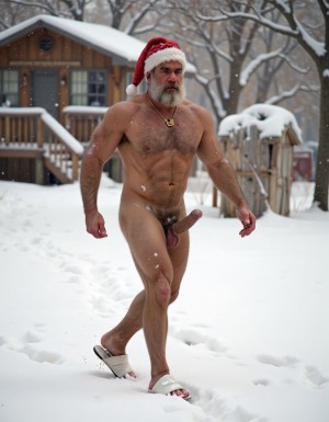 La Navidad. Papá Noel es un hombre de 40 años, atleta, está delgado y tiene músculos marcados y definidos, es muy varonil, tiene barba blanca abundante. Solo tiene el gorro de papá Noel porque está totalmente desnudo enseñando su musculatura de atleta y bronceada, tiene mucho vello blanco que cubre sus músculos pectorales y el abdomen y también en sus piernas. Tiene sandalias blancas en sus pies. Barba abundante blanca de papá Noel. Es el Papá Noel del año 2025, con mucha alegría y mucho sexo gay. Aspecto muy masculino salvaje. Pene erecto de 20cm de longitud y 8cm de diámetro. Abundante vello blanco por todo el cuerpo. Está saltando sobre la nieve mientras nieva y su gran pene erecto de 22 cm de longitud y 9 cm de diámetro se llena de nieve. Está masturbándose su pene con la mano derecha. 