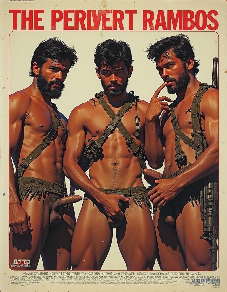 Imagen hiperralista. Carátula de una cinta vhs de los años 80, en ella se ve tres hombres musculosos morenos con barba y pezones marcados,  totalmetne desnudos, solo llevan cartucheras, ristras de balas  en el cuerpo y rifles en la mano, el título de la película es The pervert Rambos. Los hombres estñán en pose sexual, uno se toca los testítulos y otro se chupa los dedos