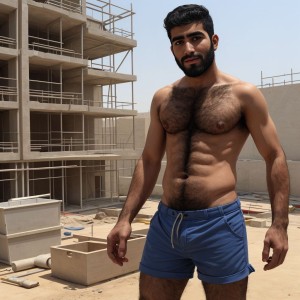 árabe, joven, velludo, sin camiseta, en obra de construcción, pantalon corto