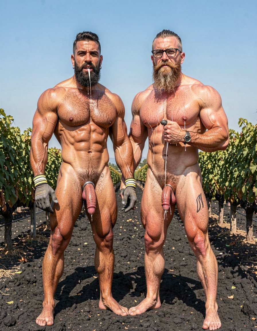 A hyper-realistic full-body vertical photograph in brutal direct midday Santorini sunlight over black volcanic soil between rows of Assyrtiko vines. Two powerfully built hairy men stand almost chest to chest, both in extreme voluntary muscle tension with heads thrown back staring directly at the clear blue sky. On the left, Dimitris, 32-year-old Greek vineyard worker, 5% body-fat competition physique, short jet-black hair with shaved sides, thick dense black beard, silver earring in left ear, every single muscle violently pumped and vascular to the absolute limit: massive raised traps, inflated pecs covered in dense wet black curly hair, carved eight-pack abs, deep obliques, huge veiny arms hanging at his sides, thick tree-trunk thighs and rock-hard calves. He wears only grey work gloves with yellow and white stripes. His enormous thick veiny Greek cock remains rock-hard and pointing upward, post-orgasm, with thick white cum slowly dripping from the swollen purple glans. On the right stands Hipsterbarba, 45, vineyard owner, 8% body-fat dry fibrous vascular physique, completely naked except for black-rimmed glasses, long salt-and-pepper hipster beard and entire face, glasses and hairy chest drenched and dripping with Dimitris’ fresh thick semen. Hipsterbarba grips his own thick erect cock tightly with his right hand while tensing every muscle with maximum force: swollen pecs, shredded vascular abs under dense hair, huge traps and shoulders, thick veiny arms, powerful legs planted firmly on the volcanic dirt. Both men are shown entirely uncropped from their dirty bare feet sunk in black volcanic soil to the tops of their heads, bodies glistening with sweat, every strand of wet black body hair visible, extreme muscle tension and vascularity pushed to the limit, raw masculine power, intense Mediterranean light creating harsh shadows and highlights, razor-sharp photorealistic detail, cinematic contrast, maximum texture on skin, hair, sweat, cum and muscles.