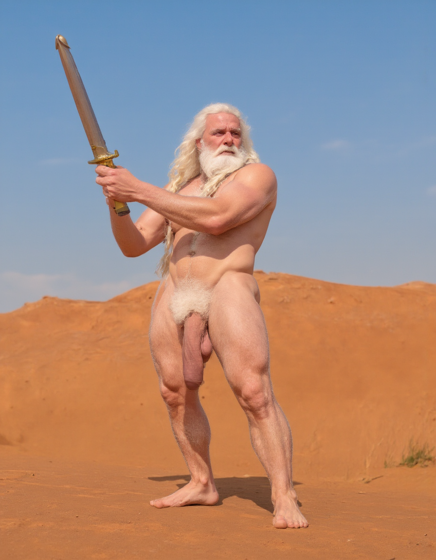 Enrique es un hombre muy delgado de 50 años, tiene cabello largo con canas blancas, tiene barba blanca abundante y larga. Está totalmente desnudo, en sus manos lleva una espada de oro alzada hacia el cielo. Tiene un cuerpo muy delgado con músculos marcados y definidos. 💪🏼. Tiene un pene erecto de 36,8 cm de longitud y 7,9 cm de diámetro. Tiene mucho vello corporal blanco que cubre su pecho brazos y piernas. Está en la arena del desierto entre grandes dunas de arena color terracota. Tiene la piel morena bronceada por el Sol. 