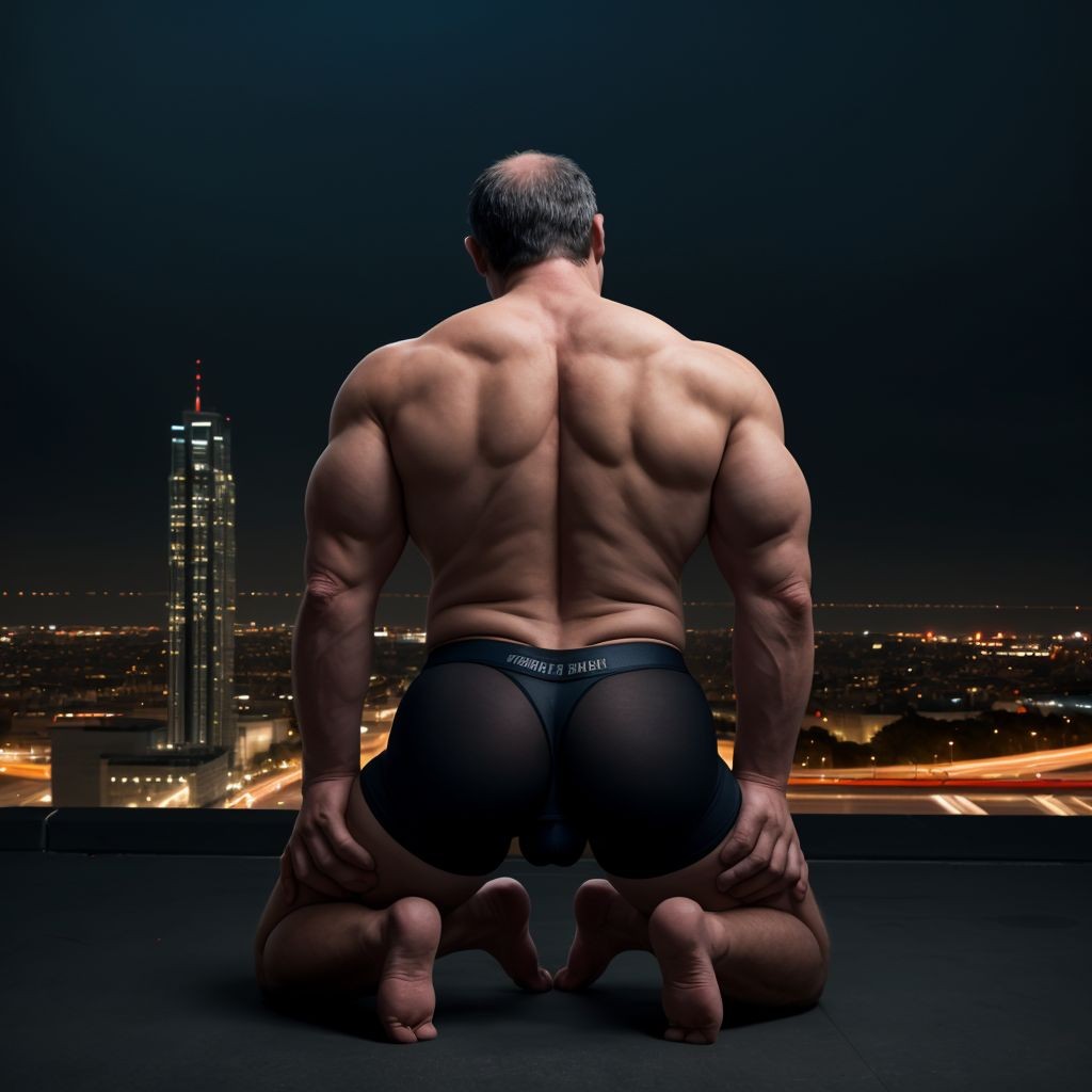 hombre sumiso de 50 esta de arrodillado y de espaldas, espalda fuerte, ropa interior ajustada. escena sensual, escenario una ciudad por la noche.
