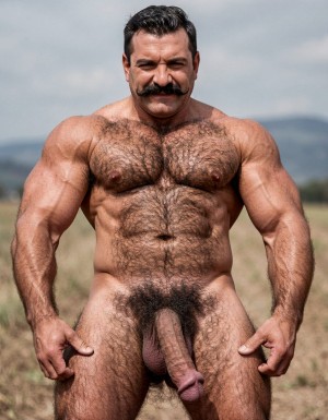 A powerful 35-year-old rural alpha male, 1.85m tall, 80kg, extremely dry and fibrous with 5% body fat, pure hard muscle that looks imposing. Square, hard masculine face with very prominent wide jaw, marked chin, high square cheekbones, slightly wrinkled forehead from frowning. Thick well-groomed black mustache with perfect alignment but noticeable volume, dense black eyebrows almost meeting in the center, small dark penetrating eyes with cold, disdainful, naturally arrogant look full of contempt. Straight somewhat wide nose, thin lips with permanent superior and arrogant expression as if about to spit on you. When he smirks sideways the mustache twists and deep wrinkles form on his cheeks making him look even more of a bastard. Sun-tanned golden skin with warm glow. Completely hairy torso covered in dense rough black hair that swirls thickest around dark hard nipples, wide shoulders and narrow waist in a perfect dominant triangle shape. Thick treasure trail of black hair running down defined abs, exploding into wild thick messy black pubic bush that covers the entire pubic area, surrounds the base of his heavy thick cock and climbs several centimeters up the lower belly and into the groin. Arms covered in black hair from shoulders to wrists, especially dense on forearms. Very hairy back and shoulders too. Massive 26cm even flaccid cock, 7cm thick diameter, heavy and hanging low between muscular thighs, dark brown skin tone darker than the rest of his body, heavily veined with one thick prominent vein running along the top, slightly rugose texture, very generous thick fleshy foreskin that completely covers the head forming a long heavy overhang with darker rim and shiny moisture visible at the opening. Large mushroom-shaped glans in dark pink-purple with very pronounced corona and wide piss slit, thick fleshy frenulum lighter in color. Heavy low-hanging scrotum with large balls, dark wrinkled skin completely covered in thick curly black hair, balls move freely inside the sack. Round high muscular ass with firm cheeks covered in black hair on top and between them, small tight hole surrounded by a visible ring of finer black hair. Extremely muscular veiny arms with big calloused working hands, high round biceps that bulge like hard balls with thick vein on top, very defined triceps with visible horse shoe, thick wide forearms full of cord-like veins, dense black hair on outer forearms. Powerful legs built for hard work and hard fucking: dense thighs with bulging vastus lateralis, separated quad sweeps, visible veins running from groin to knee, rock-hard hamstrings and defined tendons, diamond-shaped calves with two distinct hard heads covered in black curly hair. Dense rough black hair all over legs, thicker on upper thighs. Overall extremely dominant, arrogant rural stud with cold superior stare, thick black mustache and permanent smirk that says he owns you. Photorealistic, highly detailed, sharp focus, dramatic lighting that highlights every muscle, vein and hair.