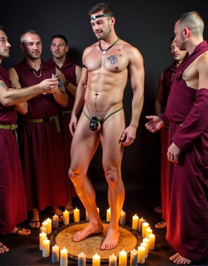 A muscular, almost naked man stands in the center of a circle of lit candles, with a rigid and solemn posture, wearing only thin green thong-like straps holding a black piece over his penis, as well as a collar and a headband. His defined torso shows marked abs and a tattoo on his chest, illuminated by the warm candlelight against a dark background. Around him, several men in burgundy monastic or ritual-looking robes surround him barefoot, some with their garments open, watching him or making ceremonial gestures with their hands, creating a scene of initiation, cult, or erotic rite with a theatrical aesthetic and intimate atmosphere.