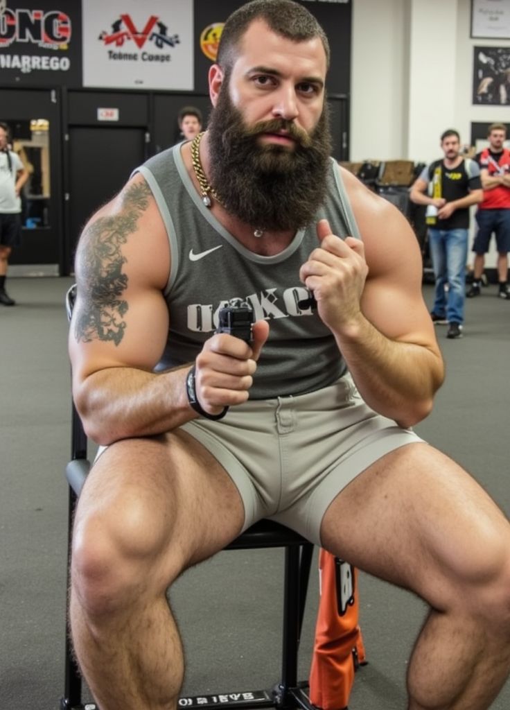 Georgiano o búlgaro muy musculoso y  barbudo en un receso en  una competición de alterofilia. 