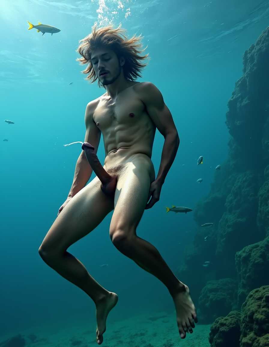 Hombre de 40 años muy macho totalmente desnudo bajo el agua  del mar rodeado de peces, tiene su pene erecto de 35cm de longitud y 8 cm de diámetro en tensión , es un hombre muy sexi, mueve sus pies para nadar, está nadando estilo braza bajo el agua del mar, tiene pelo largo ondulado despeinado flotando movido por el agua, tiene mucho vello negro por sus pectorales y en antebrazos y en piernas, tiene músculos marcados y muy definidos. Está nadando en en posición horizontal. Iluminación de estudio con sombras suaves que resaltan cada relieve y textura, fotografía hiperrealista, ultra alta definición 8K, texturas extremadamente detalladas, colores naturales de piel humana, acabado cinematográfico. La fotografía realista, con genitales anatómicamente correctos y proporciones naturales, sin distorsión, busca capturar la esencia cruda y visceral del momento, sin adornos ni censuras. El enfoque en el punto del pene visible busca la virilidad del género masculino más macho.