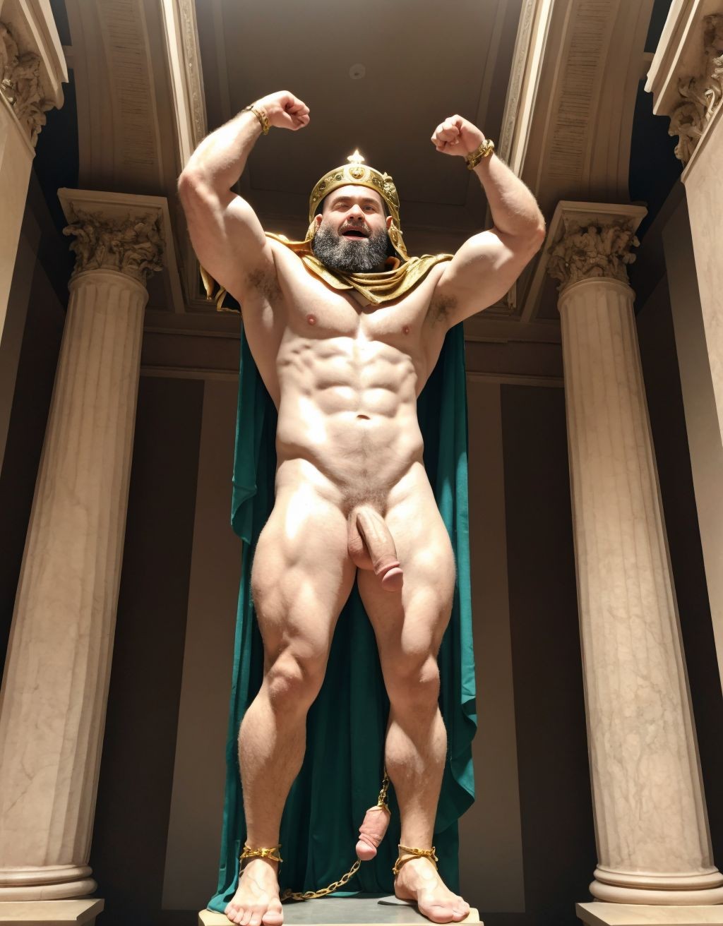 El dios Priapo de Pompeya está desnudo de pie. Es delgado y muy alto. Priapo es dios de la mitología romana. Está en el museo de Nápoles. Tiene un pene grande y erecto. Tiene mucho vello por todo el cuerpo. Tiene sandalias en los pies. Tiene músculos muy definidos. Tiene una corona de laurel. Levanta una mano para saludar al público. El cuerpo está iluminado con focos de luz blanca. Tiene los ojos verdes. Lleva una cadena brillante en los pies. Tiene mucho vello en el pecho moreno. Tiene una capa de oro sobre su espalda. Tiene la boca abierta. Tiene el dedo pulgar de la mano hacia abajo.