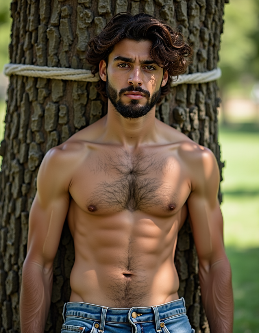 Hombre joven sin camiseta apoyado contra el tronco rugoso de un árbol en un parque, con una cuerda gruesa rodeando el árbol a la altura de sus hombros y pasando por detrás de él, creando una escena de tensión visual. Tiene el torso musculado y definido, pecho con vello, abdomen marcado, brazos fuertes y vaqueros azules abiertos en la cintura. Su rostro serio mira directamente al frente, con cejas pobladas, barba recortada y pelo oscuro ondulado con volumen. La luz natural atraviesa las hojas y proyecta sombras suaves sobre su piel, mientras el fondo verde desenfocado refuerza el ambiente exterior, cálido y veraniego.