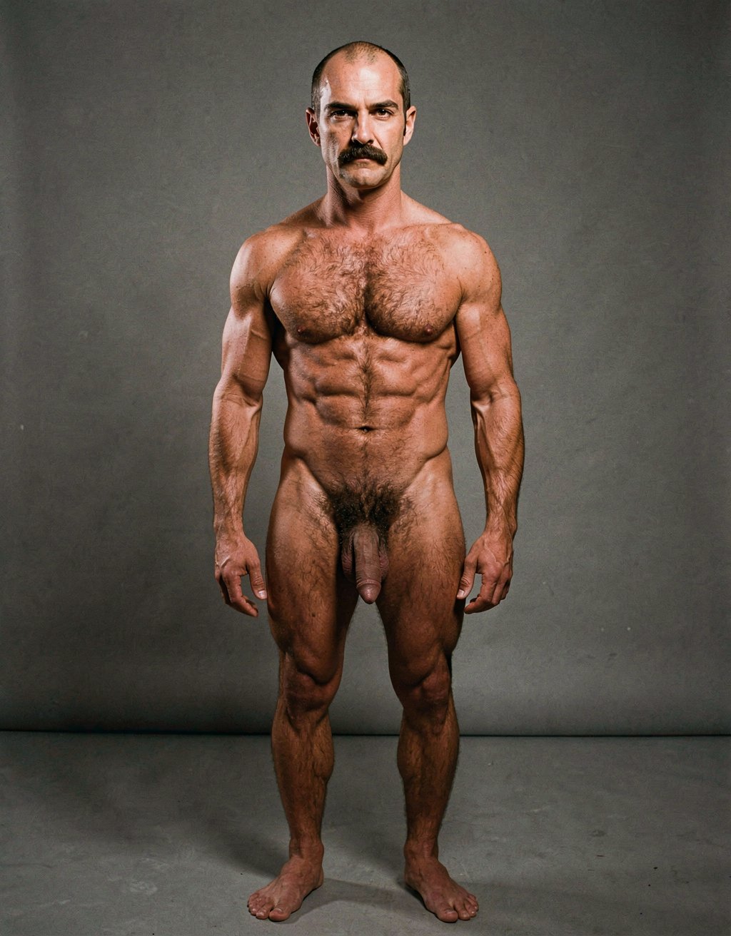 Mike Morris, a 32-year-old Caucasian male with an extremely lean and athletic physique at only 8% body fat, stands completely naked in a strict military attention pose. Full body frontal shot from the tips of his toes to the top of his head. His body is young, dry, and highly defined with sharp muscle separation, visible vascularity, and a very narrow waist. He has advanced Norwood III-IV male pattern baldness with a shiny tanned scalp on top and only short dark brown hair on the sides and back. His face is serious and commanding: square angular jaw, prominent cheekbones, thick dark handlebar mustache, heavy brows, and intense deep-set brown eyes. His massive square pectorals are pushed forward, covered in dense dark brown chest hair that forms a classic thick T-pattern running down the sternum and spreading over his sharply carved six-pack abs. Small dark nipples sit low on the pecs. A prominent trail of dark hair leads to an extremely dense, curly, dark brown pubic bush that climbs almost to his navel. His thick 14 cm flaccid cock hangs heavy over large, low-hanging, hairy testicles, the shaft skin noticeably lighter than his bronzed body. Powerful veined forearms, developed traps, defined quadriceps with clear separation, diamond-shaped calves, and slightly hairy feet complete his figure. He stands perfectly straight, chest out, shoulders back, arms rigid at his sides with fists clenched, head high and gaze fixed forward. Dramatic directional studio lighting from above and slightly to the front creates strong highlights on his dry, vascular skin and deep shadows that accentuate every muscle fiber, the texture of his dense body hair, and the extreme definition of his 8% body fat physique. Photorealistic, high-contrast, 1970s Colt Studio masculine aesthetic, grainy film texture.