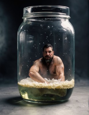 Macrofilia, un hombre maduro y algo grueso, está dentro de un bote de cristal, en el fondo hay guijarros. Fondo oscuro con niebla