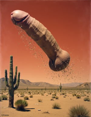 imagen surrealista con aspecto de un cuadro de Dalí, muestra un gran  un pene recto volando por el aire mientras que suelta una carga de semen, sobrevuela un desierto y en el fondo hay cactus y el cielo de color rojizo
