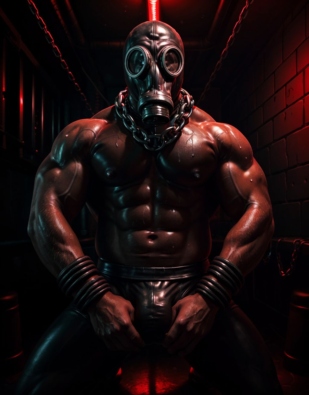 Hombre musculoso con máscara de gas, cuero negro, en un cuarto oscuro de una discoteca gay BDSM, bondage y cadenas, ambiente intenso y sensual, luces rojas y oscuridad, sudor y ropa interior ajustada.