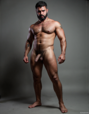 PEDRO de cuerpo entero 8K de hombre mediterráneo muy masculino y muy delgado pero musculoso de pie, cara geométrica brutal con mandíbula cuadrada pesada, pómulos altos anchos, barbilla prominente con hoyuelo, ojos oscuros marrones profundos hundidos con cejas gruesas densas, nariz grande puente ancho recto forma griega, bigote morsa negro denso espeso cayendo en extremos cubriendo labio superior completamente, pelo negro rizado voluminoso desordenado, cuello grueso de toro con nuez prominente, pecho ancho cubierto vello negro rizado denso, pectorales voluminosos definidos con surco central profundo, cadena dorada colgando en surco pectoral, pezones oscuros marrón rojizo areolas anchas, abdominales six-pack marcados, vello corporal abundante formando trail oscuro vertical desde pecho hasta entrepierna, brazos musculosos gruesos con venas marcadas deltoides prominentes bíceps grandes tríceps herradura cubiertos vello negro, manos grandes dedos gruesos nudillos prominentes pelo dorso manos, piernas musculosas cuádriceps voluminosos muslos gruesos cubiertos vello negro denso rodillas huesudas pantorrillas gemelos forma diamante, pies grandes anchos pelo empeine, polla erecta treinta centímetros gruesa ocho centímetros diámetro color marrón oscuro curvada arriba venas dorsales marcadas prepucio largo glande ancho rojizo apuntando hacia arriba, huevos grandes colgando bajos escroto oscuro arrugado tamaño huevos gallina XL, piel aceitunada bronceada mediterránea, iluminación natural realista, fotorrealista, hiperdetallado, desnudo completo. Pies desnudos. Polla erecta dura hacia arriba 