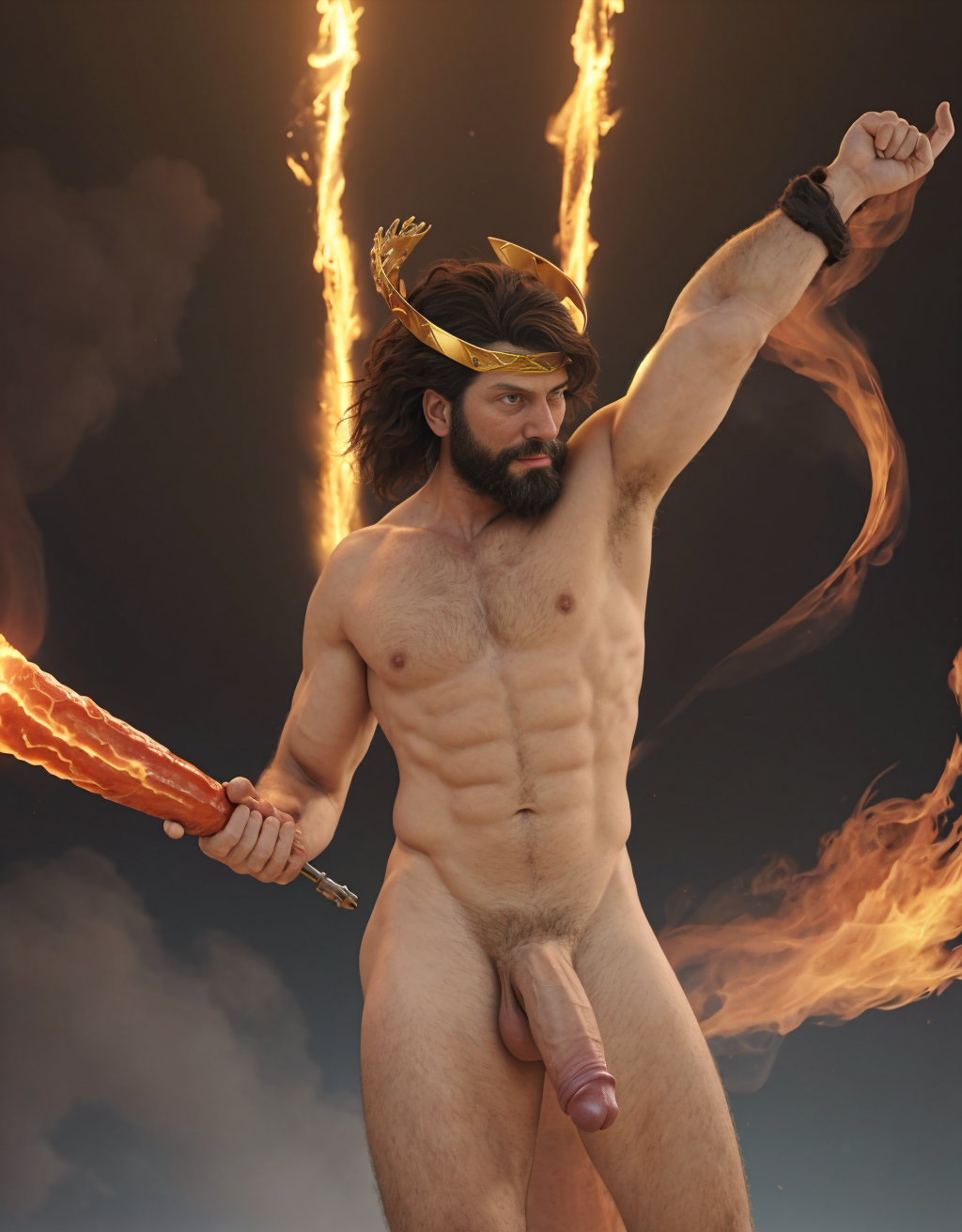 Cneo Pompeyo Magno desnudo con pene grande y testículos grandes peludos. Dobla el brazo derecho para enseñar los bíceps del brazo derecho con gran orgullo. Tiene mucho vello por todo el cuerpo. Está bronceado. Tiene corona de oro. Tiene alas de diablo negras y rojas oscuro. Los brazos están hacia arriba implorando rayos y fuego. Tiene un chorro de fuego en el pene erecto que sale a chorros rojos hacia arriba de su pene erecto tieso hacia arriba. Sus ojos son grandes y rojos. Está alumbrado con mucha luz blanca y roja por todo el cuerpo. Está rodeado de llamas y humo. Tiene cara fuerte con aspecto de malvado y con barba muy grande. Tiene sandalias negras en los pies. Está delgado.