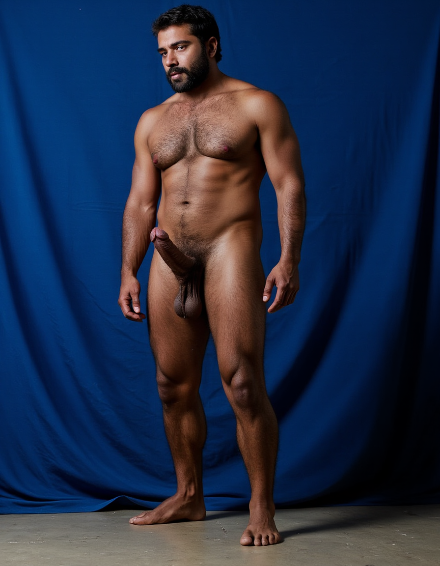 Enomao. Hombre de 35 años, cuerpo completo de pies a cabeza, pose frontal de pie, cuerpo delgado, rostro rudo con mandíbula cuadrada y ceño fruncido, barba abundante negra descuidada de varios días, nariz ancha, cicatriz pequeña en la ceja izquierda, mirada intimidante, pelo negro largo y despeinado, cuello grueso con tendones marcados, hombros anchos y trapecios abultados, pectorales enormes y duros con sombras profundas bajo cada músculo, pezones oscuros rodeados de vello negro denso, vello negro abundante cubriendo todo el pecho extendiéndose hacia el abdomen, abdominales definidos con seis bloques marcados y venas visibles, línea de vello negro desde el ombligo bajando, oblicuos duros con sombras que acentúan cada fibra muscular, brazos con bíceps y tríceps marcados y muy definidos, venas prominentes en los antebrazos, vello negro espeso en antebrazos y dorso de las manos, manos con nudillos anchos y dedos fuertes, piel con suciedad natural como grasa de trabajo y tierra en pecho brazos y piernas, manchas de mugre en los antebrazos y marcas de sudor seco, muslos marcados con cuádriceps separados y definidos cubiertos de vello negro abundante, pantorrillas duras en tensión con vello oscuro, pies descalzos plantados en suelo de hormigón, iluminación lateral dura que proyecta sombras profundas en cada grupo muscular resaltando la masa y la fuerza bruta, ambiente de atmósfera cruda y masculina, fotografía hiperrealista, textura de piel visible con poros y imperfecciones. Tiene un Pene erecto masculino de 38,5 cm de longitud y 8,5 cm de diámetro, proporciones perfectas, glande grueso y pronunciado con corona marcada, color rosado oscuro intenso en la cabeza contrastando con el tono bronceado del tronco, venas gruesas azuladas y ramificadas recorriendo toda la extensión del falo desde la base hasta el glande, piel tensa y brillante por la erección máxima, prepucio completamente retraído mostrando el frenillo tenso, testículos descomunales y extremadamente pesados, huevos masivos colgando muy bajos tirando del escroto por su peso brutal, piel escrotal muy estirada con textura rugosa natural visible con pliegues y arrugas, cubiertos de vello púbico negro muy espeso denso y abundante, pelo rizado salvaje y masculino extendiéndose generosamente hacia la base del pene el perineo y los muslos internos, cada pelo individual visible con grosor y textura realista, venas gruesas y marcadas atravesando la superficie de los testículos hinchados, poros visibles en toda la piel, forma esférica perfecta en cada testículo con peso evidente, posición frontal ligeramente angular mostrando el volumen completo y la masa de la bolsa escrotal, iluminación de estudio cinematográfica con sombras suaves que resaltan cada relieve textura y pelo, fotografía hiperrealista, ultra alta definición 4K, texturas extremadamente detalladas, colores naturales de piel humana mediterránea, acabado cinematográfico profesional, iluminación de estudio con sombras suaves que resaltan cada relieve y textura, fotografía hiperrealista, ultra alta definición 4K, texturas extremadamente detalladas, colores naturales de piel humana, acabado cinematográfico.

El fondo de la imagen es un azul ultramar intenso y profundo, con ondas de tela que ondean como si fueran arrastradas por el viento, creando un movimiento dinámico con la figura. La textura ondulante, similar a la seda, añade una capa de profundidad y sensibilidad a la escena, contrastando con la crudeza y pasión del acto sexual.

La fotografía realista, con genitales anatómicamente correctos y proporciones naturales, sin distorsión, busca capturar la esencia cruda y visceral del momento, sin adornos ni censuras. El enfoque en el punto del pene visible desde un ángulo lateral, busca resaltar la intensidad y la conexión del hombre y su entorno, inmerso en un acto de pasión y deseo. El contenido explícito para adultos es una representación auténtica y sin tapujos de la intimidad y el deseo humano, sin rodeos ni evasivas.