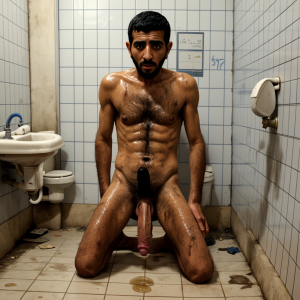 Un baño público sucio de orines, un chico árabe de rodillas bastante delgado y con vello, tiene la polla de unos 15cm gruesa y curvada, y alguien de unos 79 años que está meandole en el pecho 