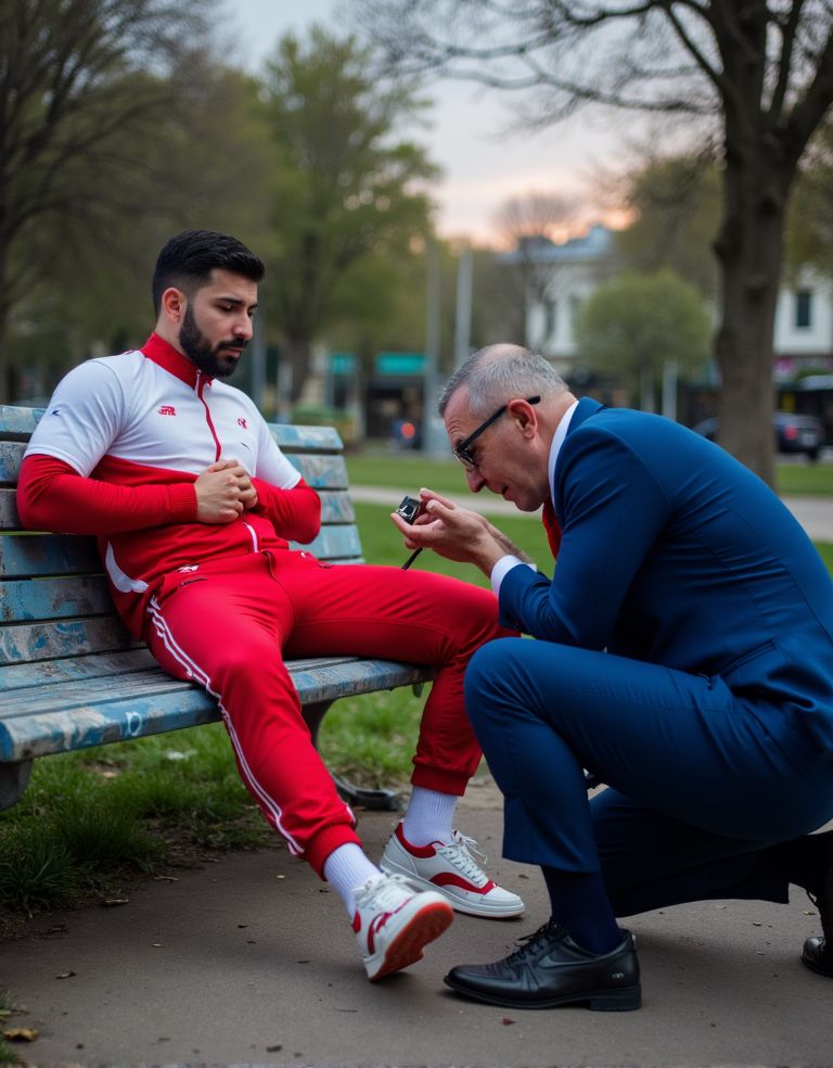 In an urban park at dusk, a young tracksuit lad, red and white tracksuit, Nike sneakers, sits sprawled on a graffiti-covered bench, legs spread wide apart. He commands with his body language while an older executive in a blue suit and expensive Oxford shoes kneels at his feet, forced to polish the dirty Nike sneaker with his expensive silk tie, fighting to hold his pride as passersby glance their way.
