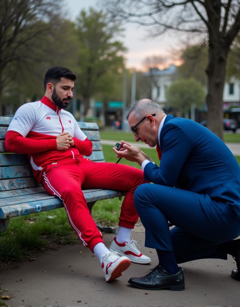 Un hombre joven con chándal deportivo rojo y blanco está sentado en un banco de madera de un parque, con las manos juntas sobre el abdomen y una postura relajada, mientras otro hombre con traje azul, gafas y zapatos negros se agacha frente a él examinando o ajustando una zapatilla deportiva blanca y roja. La escena transcurre al aire libre, en un entorno urbano con césped, árboles, acera y edificios desenfocados al fondo, bajo una luz suave de atardecer. La composición sugiere un momento de revisión, ayuda o atención al calzado, con contraste entre la ropa deportiva del joven y el aspecto formal del hombre arrodillado.