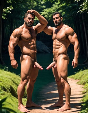 Dos Hombres desnudos con pene grande y grandes testículos peludos. Tiene Cabeza y cara de hombre de 40 años de edad. Tiene un pene grande y erecto de donde sale semen líquido blanco. Con la mano se acaricia suavemente. Tiene mucho vello por todo el cuerpo. Lleva sandalias de color rojo en los pies. Es muy viril, con cara de malote. Está de pie parado en un camino de un prado verde. Está delgado. Tiene los pies en el suelo. Está contento. Tiene mucho vello en todo el cuerpo. Es muy delgado. Tiene zapatos en los pies. Tiene mucho vello. Es muy delgado. Tiene los pies en el suelo. Tiene nariz grande. Son muy viriles. Se dan la espalda. Está uno detrás del otro.