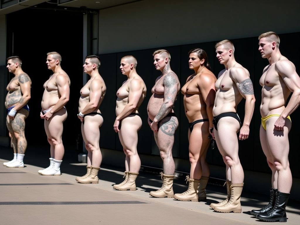 Redada de estupefacientes en una base militar de los EE UU. Los soldados vestidos en ropa de camuflaje primeramente son obligados a quitarse la ropa superior y luego en el patio a quedarse en calzoncillos, mientras son revisados por los mandos. Parece que hay soldados trans.