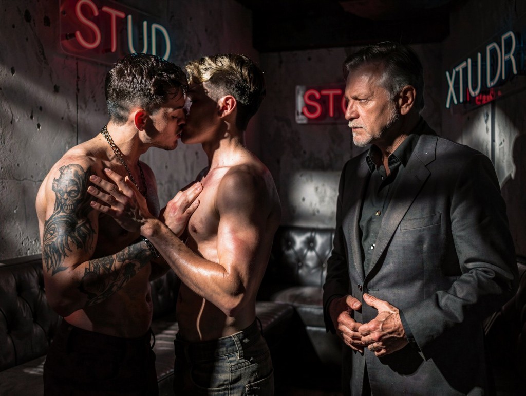 Dos hombres sin camiseta se besan apasionadamente en un ambiente oscuro de club, muy cerca el uno del otro, con las manos entrelazadas y apoyadas sobre el pecho y la espalda, creando una escena íntima y cargada de tensión. Uno tiene tatuajes en el brazo y el torso, cadena al cuello y pelo oscuro, mientras el otro luce el pelo corto con mechas claras y va con vaqueros negros. A la derecha, un hombre mayor con barba canosa, traje oscuro y camisa negra observa serio y atento, con las manos juntas. El fondo muestra paredes acolchadas, un sofá de cuero negro y luces de neón rojas y azules con rótulos como “STUD” y “XTUDR”, reforzando una atmósfera nocturna, sensual y clandestina.
