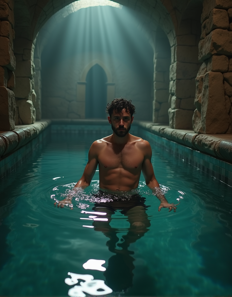 Hombre muy sexy en la piscina de una mazmorra gótica 