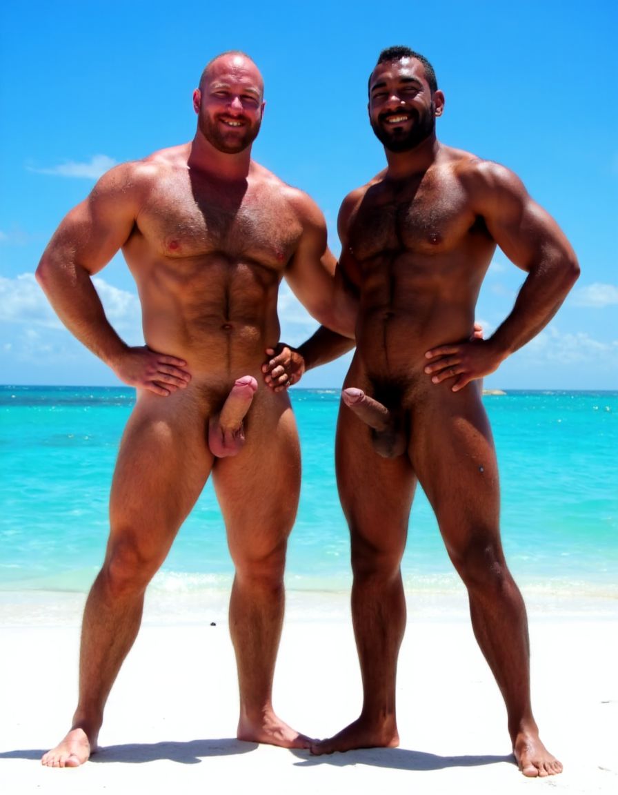Rodrigo y Maximiliano son dos hombres culturistas de competición posando juntos en una playa de arena blanca con mar turquesa cristalino de fondo y cielo azul despejado, ambos descalzos sobre la arena, sonriendo a cámara con complicidad, postura relajada con las caderas pegadas y manos en la cintura.

Rodrigo es un hombre que está a la izquierda: caucásico de 35 años, cabeza completamente rapada y afeitada brillante por el sol, rostro cuadrado con mandíbula ancha, sonrisa amplia mostrando dientes blancos, cejas finas oscuras, ojos oscuros, piel bronceada aceitosa con brillo uniforme, cuello grueso de toro con trapecios enormes subiendo hasta las orejas, deltoides redondos y estriados como bolas de cañón con separación clara de las tres cabezas, pectorales masivos gruesos y cuadrados con estriaciones visibles en la parte inferior y surco profundo entre ambos, pezones pequeños apuntando hacia abajo por el volumen del pectoral, brazos enormes con bíceps con pico pronunciado y vena cefálica gruesa visible, tríceps con herradura marcada, antebrazos gruesos vascularizados, abdominales de seis bloques marcados con separaciones profundas, oblicuos definidos, serratos visibles, dorsales anchos que sobresalen por detrás dándole forma de V pronunciada, completamente desnudo de cintura para abajo, polla erecta de treinta y seis centímetros de longitud y ocho coma cinco centímetros de diámetro apuntando hacia arriba y ligeramente a la derecha, tronco grueso y venoso con venas retorcidas recorriéndolo desde la base hasta el glande, glande grande rosado hinchado y brillante completamente expuesto, testículos enormes gordos y pesados colgando bajos en un escroto relajado por el calor oscurecido por el bronceado, pubis recortado corto, muslos masivos con cuádriceps con forma de lágrima y separaciones marcadas, gemelos gruesos con forma de diamante, pies grandes sobre la arena.

Maximiliano es un hombre que está a la derecha: negro de piel oscura de 45 años, cabeza rapada al cero, rostro angular con pómulos altos y marcados, mandíbula cuadrada y definida, sonrisa confiada mostrando dientes blancos, ojos oscuros intensos, piel negra brillante y aceitada que resalta cada definición muscular con reflejos del sol, cuello grueso con trapecios altos, deltoides estriados enormes y redondos con venas cruzándolos, pectorales cuadrados duros y estriados con pezones oscuros pequeños, separación brutal entre ambos pectorales, brazos fibrosos masivos con bíceps vascularizados y venas gruesas serpenteando por todo el brazo, tríceps estriados con las tres cabezas visibles, antebrazos secos con cada tendón marcado, abdominales de ocho bloques profundamente tallados con piel fina pegada al músculo mostrando cada fibra, oblicuos cortados como cuchillas, serratos marcados individualmente, dorsales anchos y gruesos, completamente desnudo de cintura para abajo, polla erecta de treinta y seis centímetros de longitud y ocho coma cinco centímetros de diámetro con tronco oscuro grueso y pesado cubierto de venas hinchadas prominentes, glande enorme oscuro casi negro brillante de líquido preseminal, prepucio retraído por completo, testículos enormes gordos y llenos colgando pesados y bajos en un escroto oscuro arrugado y relajado, pubis con vello negro corto y rizado, muslos enormes fibrosos con cuádriceps estriados y femorales como cuerdas de acero, gemelos definidos y duros, pies descalzos sobre la arena blanca.

Iluminación natural directa del sol cenital con reflejos en la piel aceitada de Rodrigo y Maximiliano, sombras cortas en la arena, alta resolución fotográfica hiperrealista, textura de piel con poros visibles, gotas de sudor y aceite, calidad de fotografía profesional editorial deportiva, plano frontal de cuerpo entero.

No distorsiones y NO DEFORMACIONES.