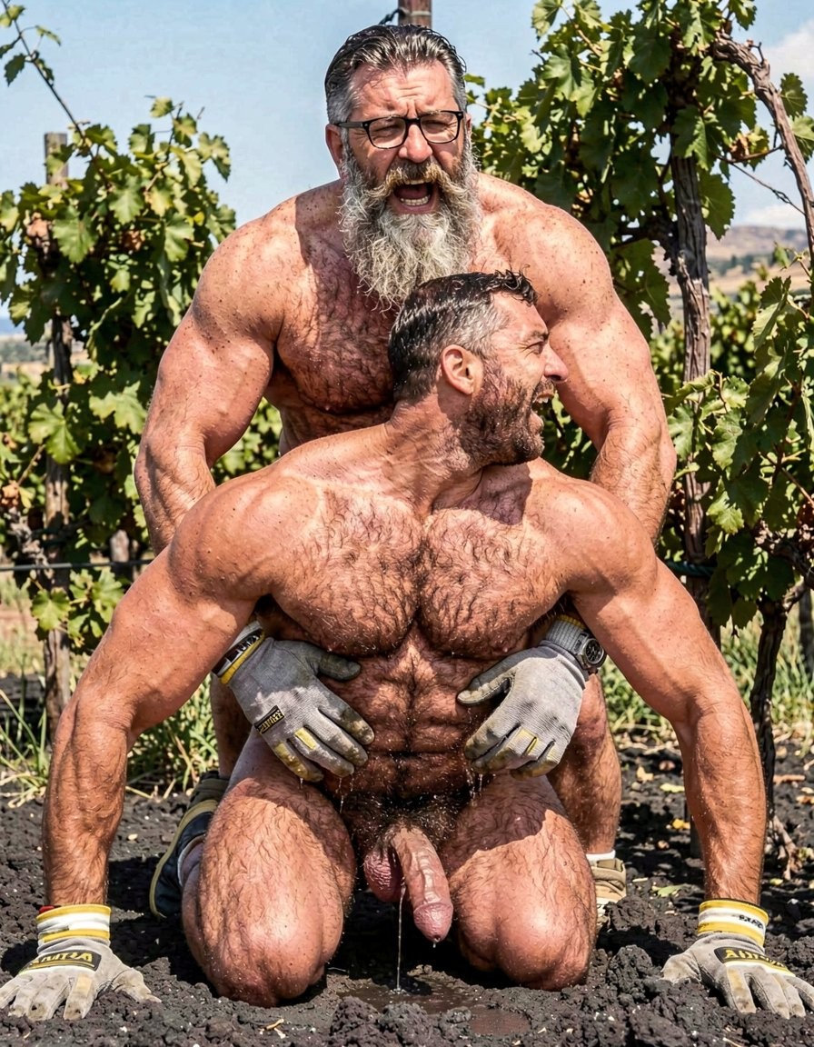 Two very muscular, bearded men pose outdoors among vineyards, under intense sunlight, on dark cultivated soil. The man in front is kneeling, naked, with a hairy, defined torso, huge arms braced to the sides with yellow and gray work gloves, looking in profile with an energetic expression; his penis hangs visibly between his legs. Behind him, another older man, also burly, with glasses, gray hair, and a long gray beard, appears shirtless and holds him by the waist with gardening gloves, creating a physical and provocative scene in a rural setting of vineyards, agriculture, and manual labor.