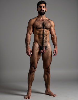PEDRO de cuerpo entero 8K de hombre mediterráneo muy masculino y muy delgado pero musculoso de pie, cara geométrica brutal con mandíbula cuadrada pesada, pómulos altos anchos, barbilla prominente con hoyuelo, ojos oscuros marrones profundos hundidos con cejas gruesas densas, nariz grande puente ancho recto forma griega, bigote morsa negro denso espeso cayendo en extremos cubriendo labio superior completamente, pelo negro rizado voluminoso desordenado, cuello grueso de toro con nuez prominente, pecho ancho cubierto vello negro rizado denso, pectorales voluminosos definidos con surco central profundo, cadena dorada colgando en surco pectoral, pezones oscuros marrón rojizo areolas anchas, abdominales six-pack marcados, vello corporal abundante formando trail oscuro vertical desde pecho hasta entrepierna, brazos musculosos gruesos con venas marcadas deltoides prominentes bíceps grandes tríceps herradura cubiertos vello negro, manos grandes dedos gruesos nudillos prominentes pelo dorso manos, piernas musculosas cuádriceps voluminosos muslos gruesos cubiertos vello negro denso rodillas huesudas pantorrillas gemelos forma diamante, pies grandes anchos pelo empeine, polla erecta treinta centímetros gruesa ocho centímetros diámetro color marrón oscuro curvada arriba venas dorsales marcadas prepucio largo glande ancho rojizo apuntando hacia arriba, huevos grandes colgando bajos escroto oscuro arrugado tamaño huevos gallina XL, piel aceitunada bronceada mediterránea, iluminación natural realista, fotorrealista, hiperdetallado, desnudo completo. Pies desnudos. Polla erecta dura hacia arriba