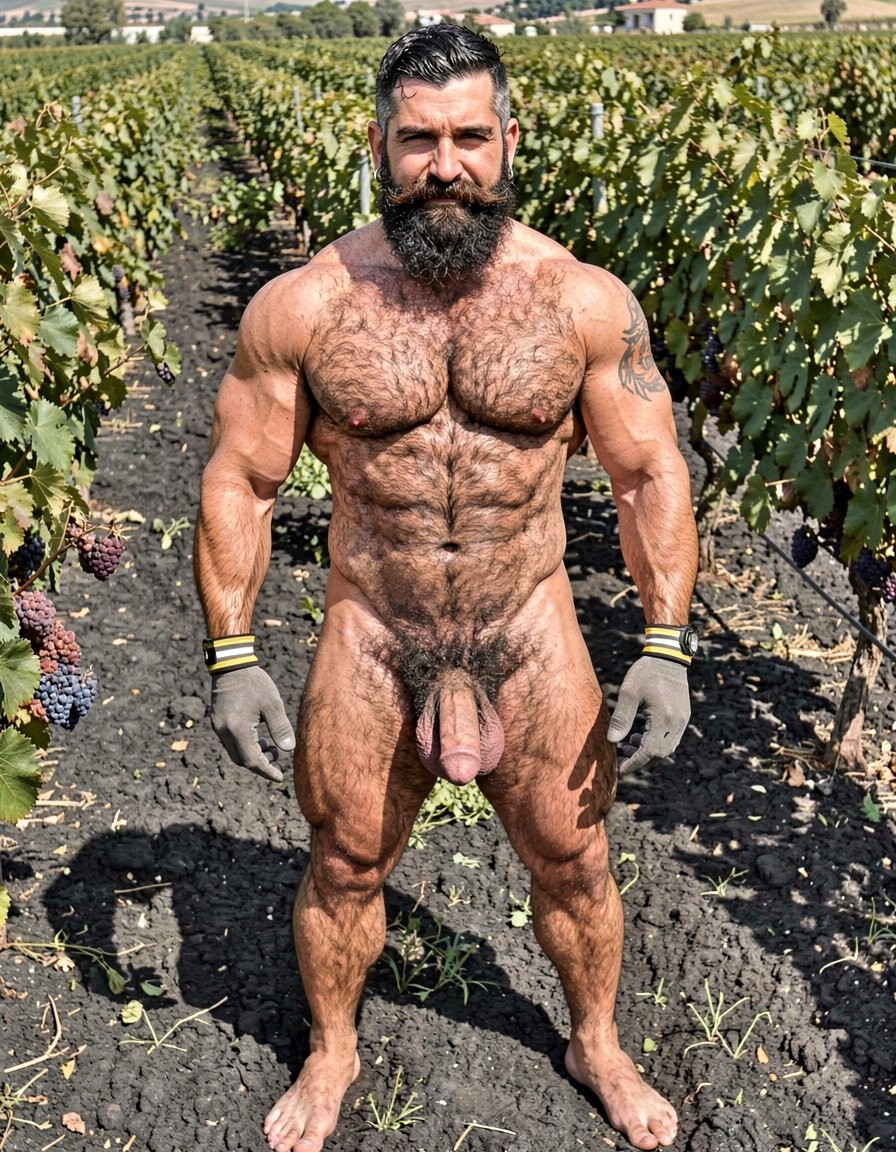 Naked man, very muscular and hairy, standing among rows of vineyards laden with dark grapes, looking straight at the camera with a serious expression and a thick black beard. His body is completely visible, with defined chest, abdomen, legs and arms, abundant body hair and his penis exposed, in a firm stance on black, dry ground. He is wearing gray work gloves with yellow details and has tattoos on his arms, reinforcing the contrast between nudity, physical strength and the agricultural setting. In the background stretch the vines, the sunny rural landscape and some scattered buildings.