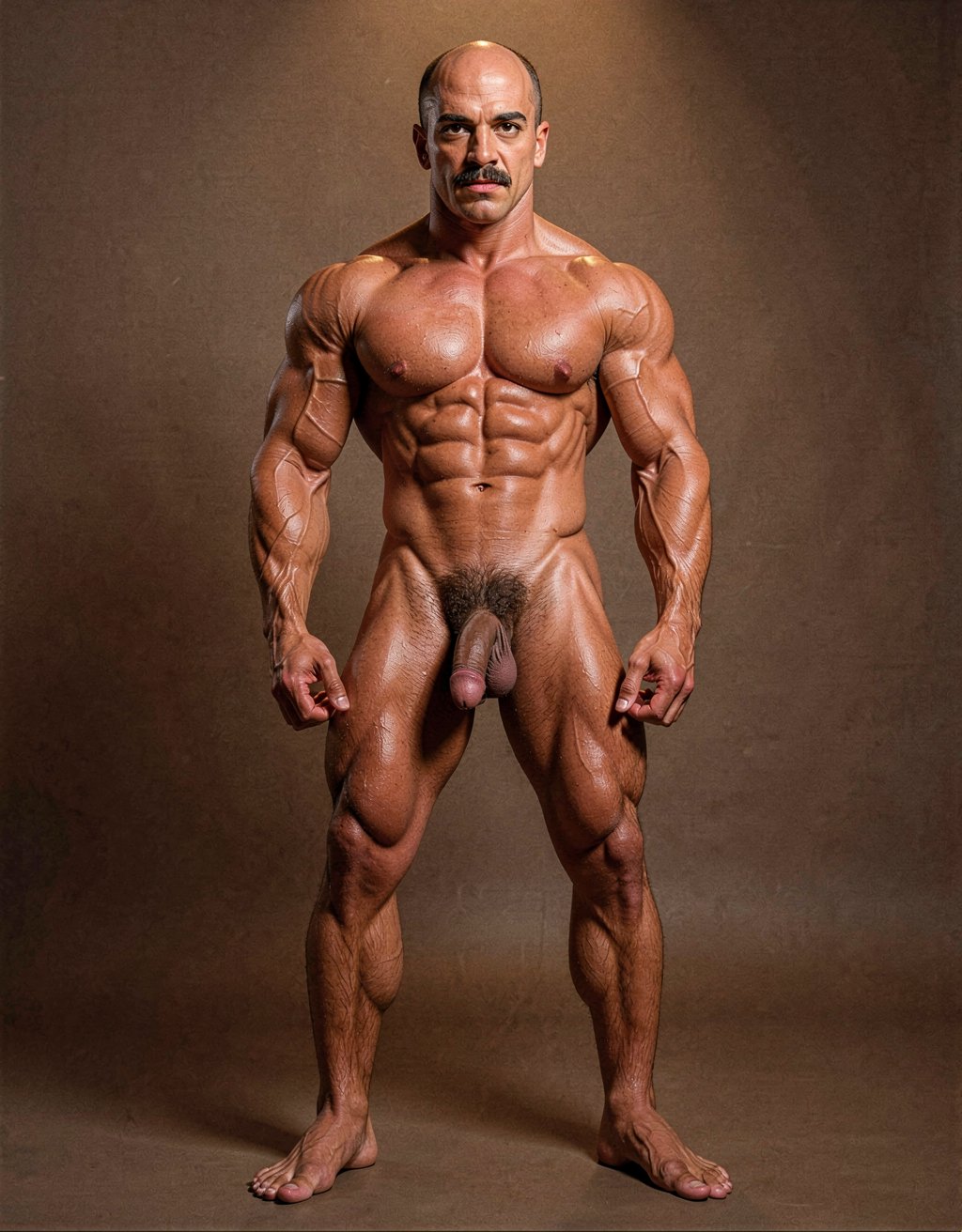 Mike Morris, the 32-year-old Caucasian bodybuilder with an athletic and extremely defined muscular physique, stands at full attention in a strict military pose, feet together, legs straight, back rigidly upright, shoulders back, chest thrust forward, arms at his sides with fists clenched, and head held high looking straight ahead with a serious, almost threatening expression. Full body shot from the tips of his toes to the top of his bald head. He is completely naked. His advanced Norwood III-IV male pattern baldness is clearly visible, with a shiny tanned scalp on top, short dark brown hair only on the sides and back. His square, angular face with strong jaw, prominent cheekbones, thick dark handlebar mustache, heavy brows, and intense deep-set brown eyes under slightly hooded lids stares forward with firm authority. His massive square pectorals are pushed out, dark brown chest hair forming a dense classic T-pattern down the sternum and spreading across his wide six-pack abs. Small dark nipples sit low on the pecs. A trail of dark hair leads to an extremely dense, thick, curly dark brown pubic bush that climbs almost to his navel. His heavy 14 cm flaccid cock hangs thick over large, low-hanging hairy testicles, the skin of the shaft noticeably lighter than his tanned body. Powerful veined forearms, developed traps flowing into delts, defined quads with visible separation, diamond-shaped calves, and hairy feet complete the figure. Warm directional studio lighting from above and slightly to the side creates sharp highlights on his oiled skin, deep shadows that accentuate every muscle fiber, the texture of his dense body hair, and the contrast between his tanned body and lighter genital area. Photorealistic, 1970s Colt Studio aesthetic, high contrast, masculine and commanding presence, grainy film texture.
