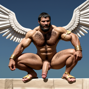 Cneo Pompeyo Magno desnudo con pene grande y testículos grandes peludos, conquista las Galias en el año 49 a.C, es el cónsul del ejercito. Hombre Catón y hombre Cicerón desnudos se acercan a Cneo Pompeyo Magno, están al frente de las legiones del Senado para luchar contra César. Doblan el brazo derecho pa enseñar los bíceps del brazo derecho con gran orgullo. Tiene mucho vello por todo el cuerpo. Está agachado. Está bronceado. Tiene la mano izquierda sobre su pene. Las sandalias están bonitas. Tiene alas blancas
