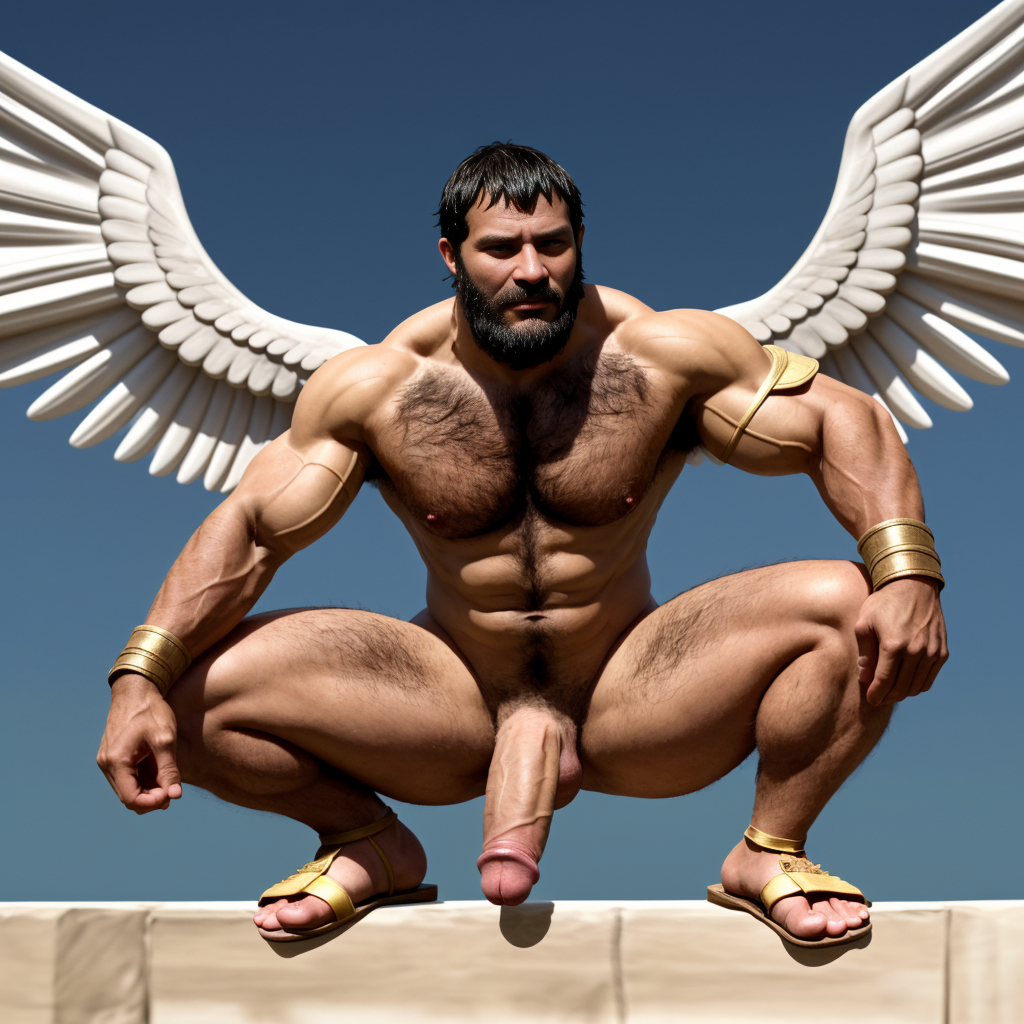 Cneo Pompeyo Magno desnudo con pene grande y testículos grandes peludos, conquista las Galias en el año 49 a.C, es el cónsul del ejercito. Hombre Catón y hombre Cicerón desnudos se acercan a Cneo Pompeyo Magno, están al frente de las legiones del Senado para luchar contra César. Doblan el brazo derecho pa enseñar los bíceps del brazo derecho con gran orgullo. Tiene mucho vello por todo el cuerpo. Está agachado. Está bronceado. Tiene la mano izquierda sobre su pene. Las sandalias están bonitas. Tiene alas blancas
