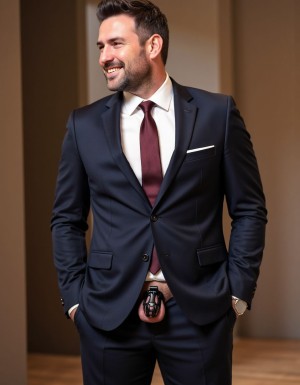 Hombre sonriente con traje azul marino entallado, camisa blanca y corbata burdeos, posando de pie con las manos en los bolsillos y mirando hacia un lado en un entorno interior elegante de tonos cálidos. La americana abierta deja ver la cintura del pantalón y, en la zona de la entrepierna, aparece el pene sujeto dentro de una jaula de castidad negra, creando un contraste explícito con la apariencia formal y sofisticada del conjunto. Lleva pañuelo blanco en el bolsillo, reloj de pulsera y un estilo cuidado, con pelo corto peinado y barba recortada, transmitiendo una imagen de confianza, moda masculina y fetichismo discreto.