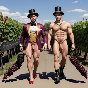 Dos hombres machos musculosos desnudos muy viriles con pene grande y testículos grandes y peludos. Caminando 10 ⛓️⛓️ 🍇 🍒 🌞 👠👠 🎩 👒