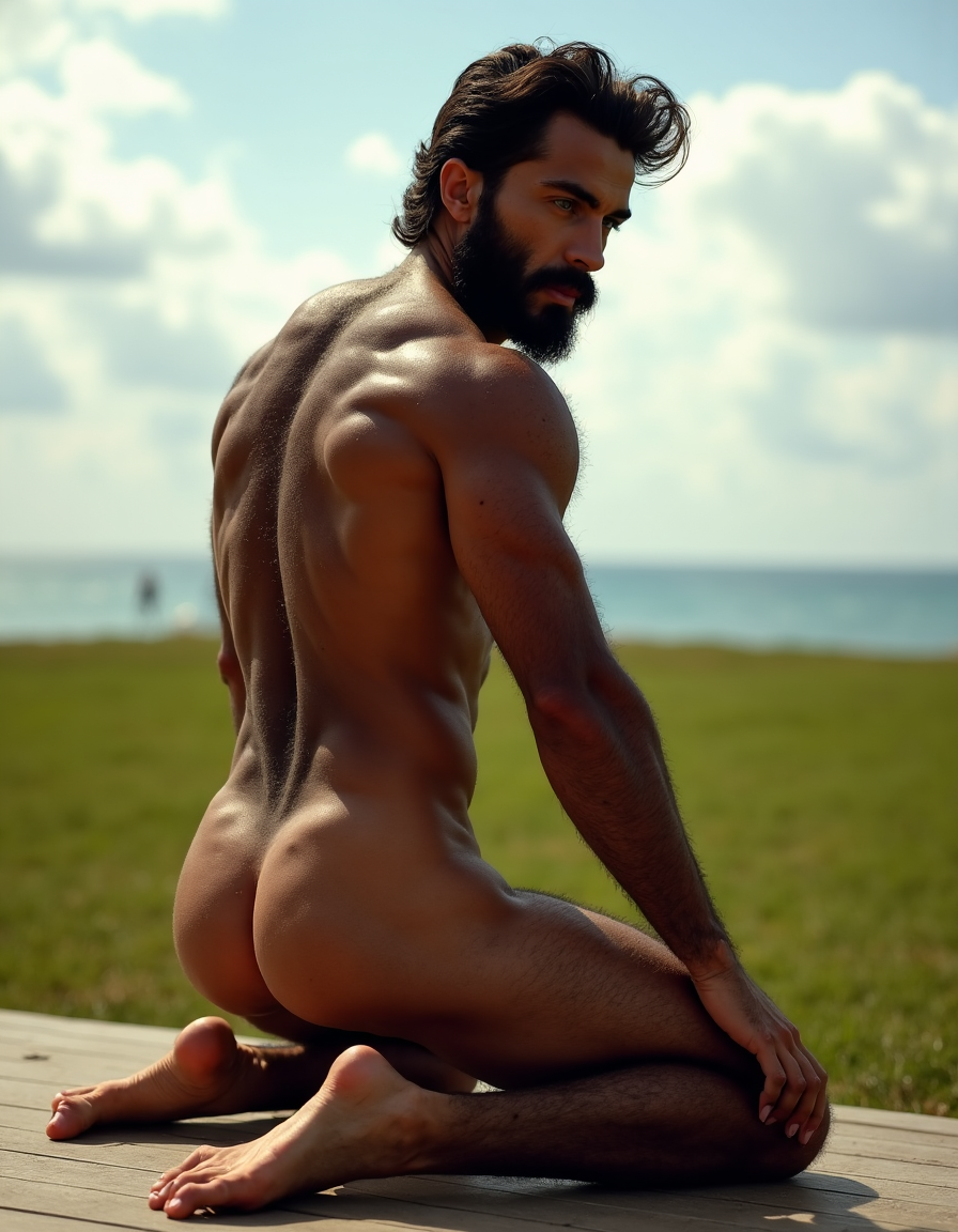 Bruno hombre. Bruno hombre es español de 32 años, cuerpo atlético musculoso pero delgado, abdominales marcados, torso completamente cubierto de vello oscuro denso, pecho peludo, brazos velludos, piernas con vello abundante, barba espesa negra perfectamente recortada, pelo negro ondulado corto despeinado, piel bronceada mediterránea, completamente desnudo, polla grande gruesa erecta con prepucio retractado, testículos grandes colgando, venas visibles en la polla, pubis muy peludo natural, muslos musculosos separados, de rodillas en suelo de madera, espalda arqueada ofreciendo el culo respingón hacia la cámara, mirando por encima del hombro con expresión lasciva y masculina, luz natural cálida de cielo con nubes blancas y suelo de hierba verde con estufas masculinas de fondo desenfocado, sombras marcadas resaltando músculos y curvas del cuerpo, fotografía hiperrealista 8K, estilo retrato íntimo.