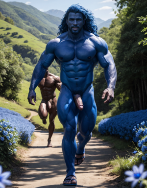 Dos Hombres azul desnudos musculosos azul, tienen pene color azul grande erecto, tiene testículos color azul. Tiene sandalias azules. Tiene mucho vello. Tiene pelo azul largo ondulado azul. Tiene pezones grandes largos y puntiagudos. Está corriendo por un camino en el campo con flores azules. Pezones lanzando líquido blanco por sus pezones. Se vé de perfil. 