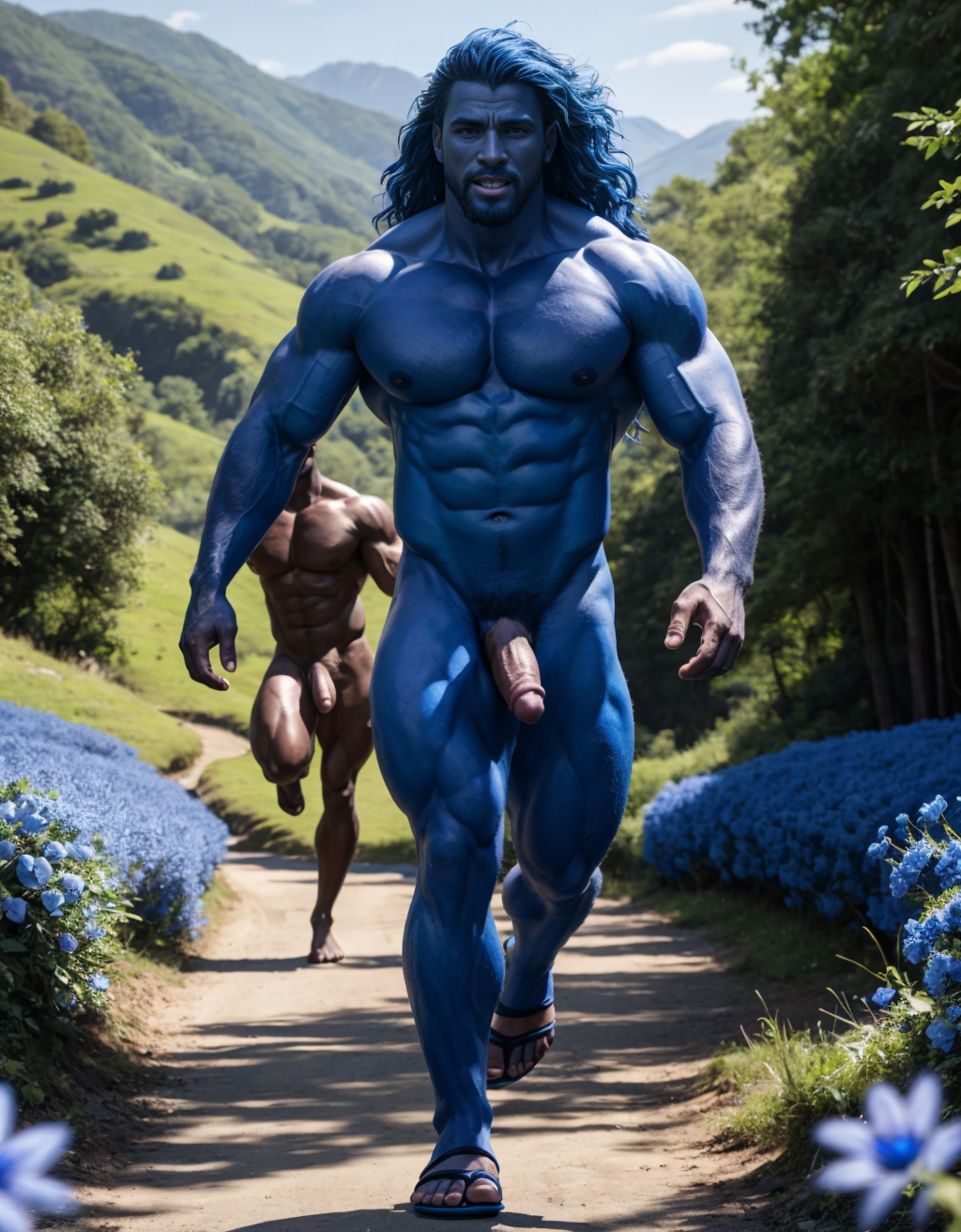 Dos Hombres azul desnudos musculosos azul, tienen pene color azul grande erecto, tiene testículos color azul. Tiene sandalias azules. Tiene mucho vello. Tiene pelo azul largo ondulado azul. Tiene pezones grandes largos y puntiagudos. Está corriendo por un camino en el campo con flores azules. Pezones lanzando líquido blanco por sus pezones. Se vé de perfil. 