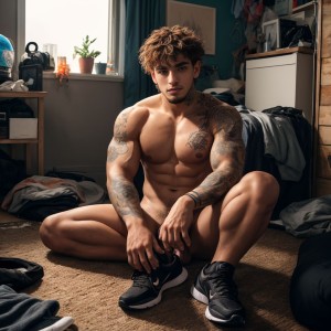 21-year-old scally guy, penis visible, wearing Nike sneakers, naked body, visible tattoos, messy hair, cheeky gaze, background of a cluttered room, clothes scattered, dim lighting, relaxed atmosphere, bronzed skin, defined muscles.