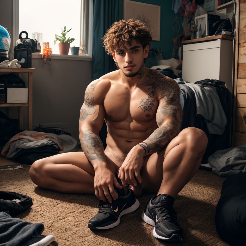 21-year-old scally guy, penis visible, wearing Nike sneakers, naked body, visible tattoos, messy hair, cheeky gaze, background of a cluttered room, clothes scattered, dim lighting, relaxed atmosphere, bronzed skin, defined muscles.